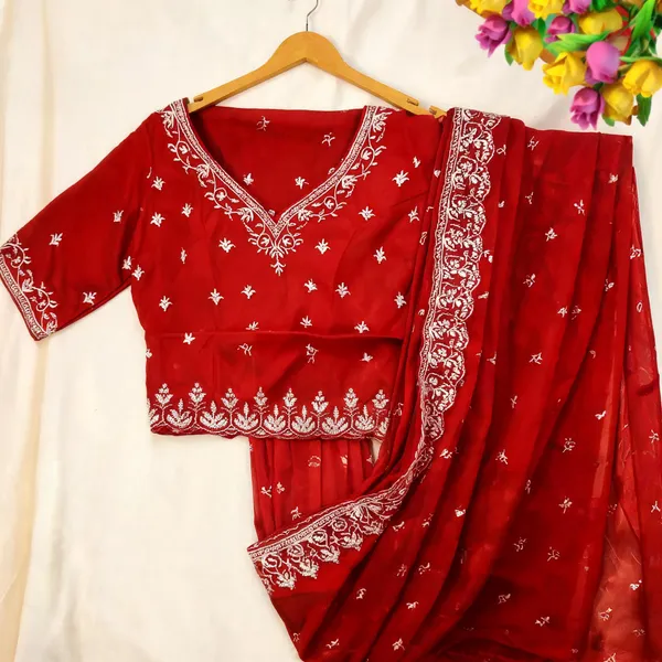 Red_Georgette_Embroidered_Briddhi_Saree_&_Blouse_Set_For_Women