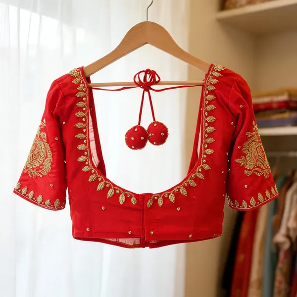 Red_Georgette_Open-Back_Embroidered_Bridal_Blouse_For_Women