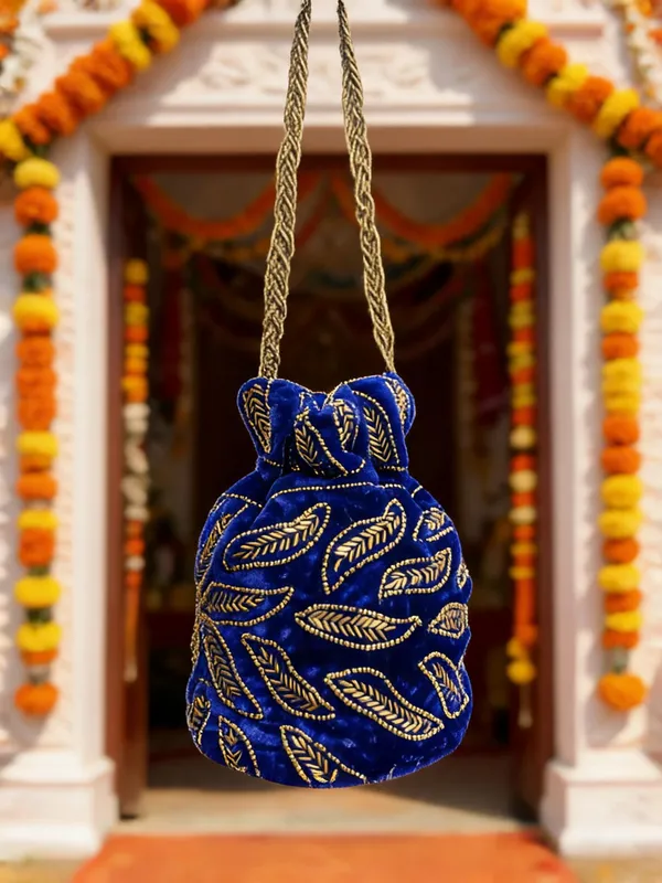 Blue_Georgette_Gold_Embroidered_Bridal_Potli_Bag_For_Women