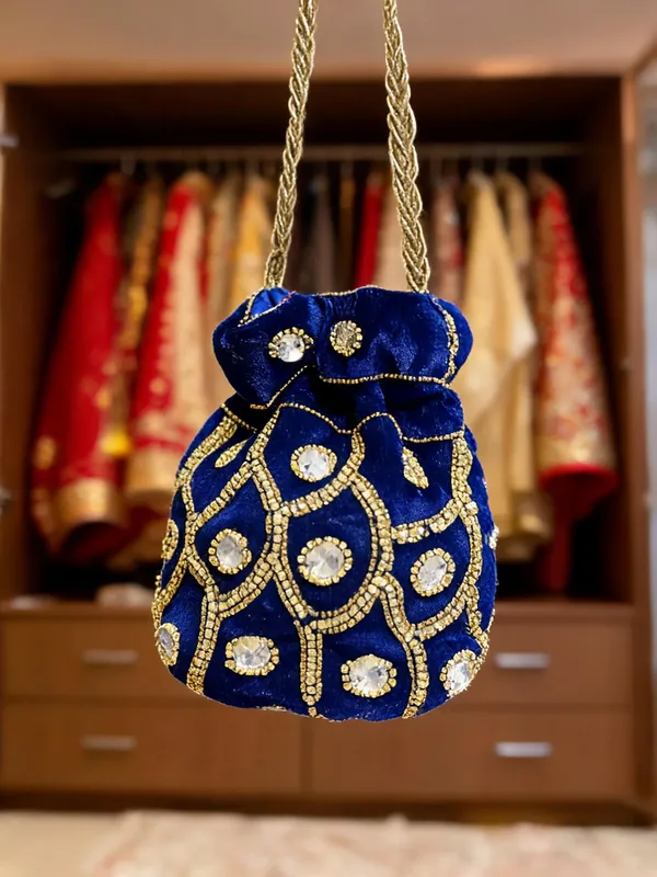 Blue_Georgette_Canvas_Gold-Tone_Embellished_Bridal_Potli_Bag