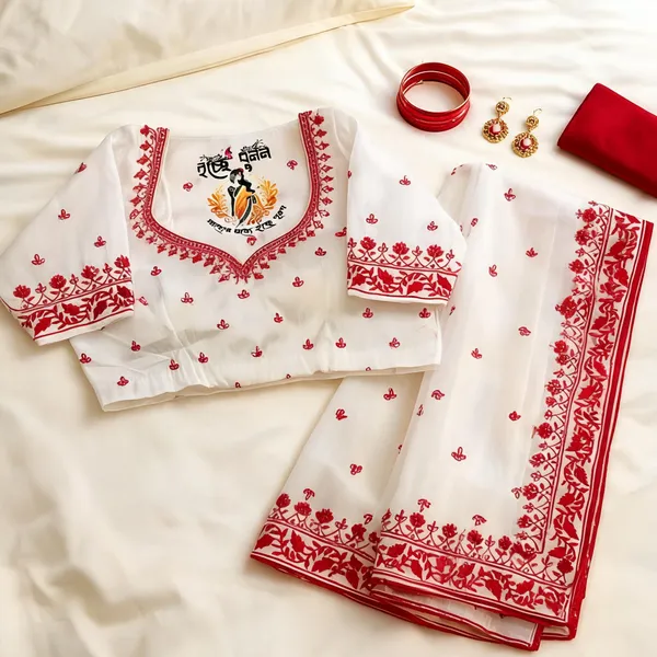 White_Georgette_Red_Floral_Embroidered_Saree_&_Blouse_Combo_Set_For_Women