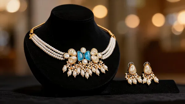 Gold_Brass_Pearl_Embellished_Choker_Necklace_Set_For_Women