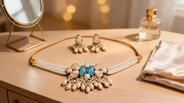Gold_Brass_Pearl_Embellished_Choker_Necklace_Set_For_Women
