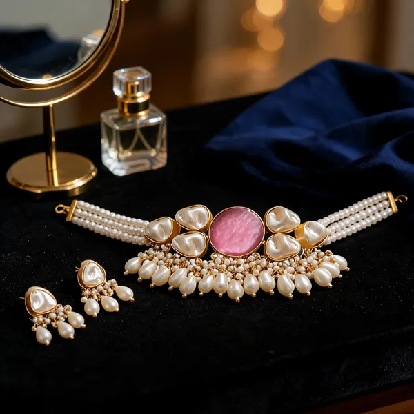 Pink_Brass_Pearl_Choker_Necklace_Set_For_Women