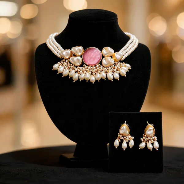 Pink_Brass_Pearl_Choker_Necklace_Set_For_Women