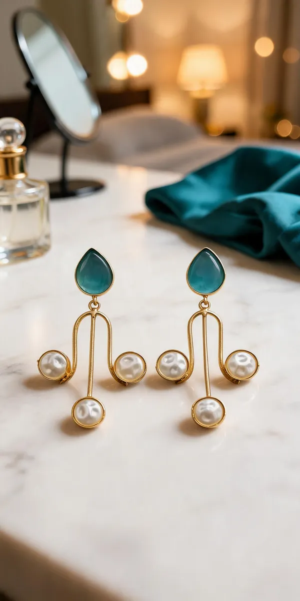 Teal_And_Gold_Brass_Pearl_Drop_Earrings_For_Women