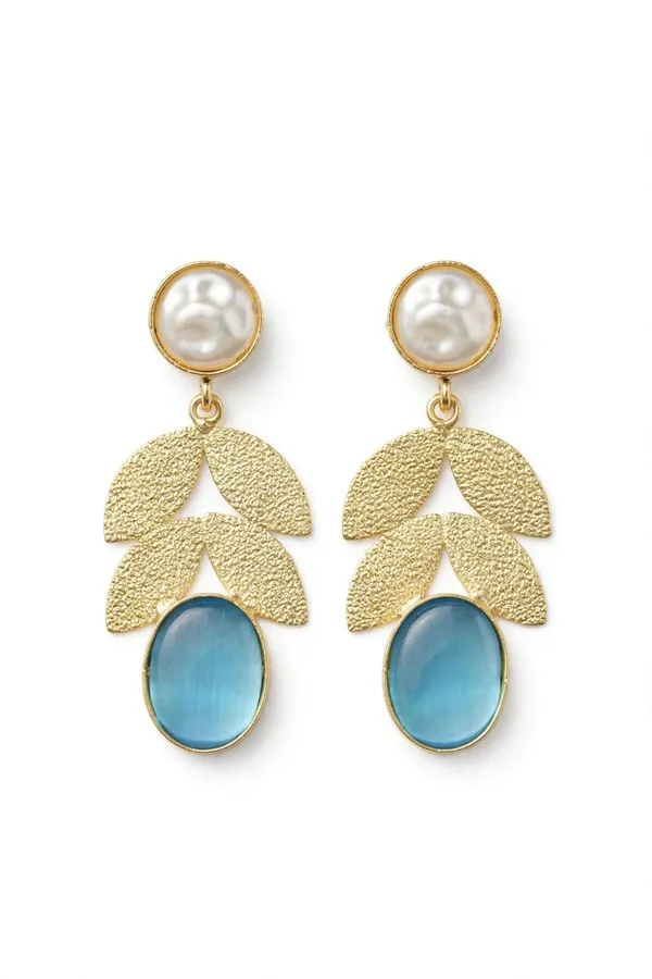 Gold_Tone_Pearl_And_Blue_Stone_Drop_Earrings_for_Women
