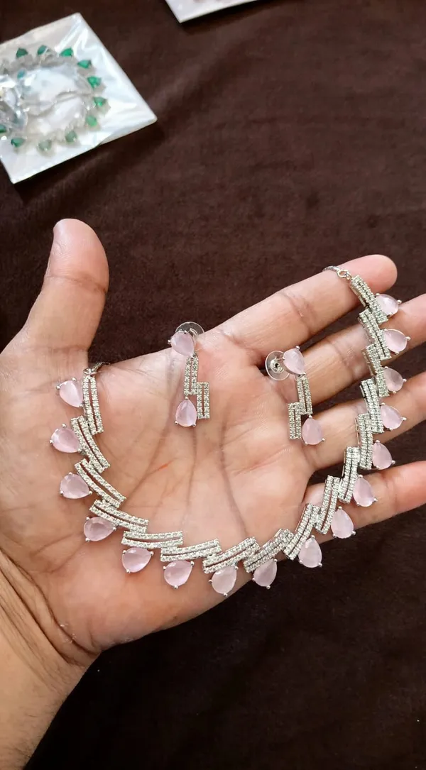 Silver_Tone_Pink_Stone_Necklace_And_Earrings_Set_for_Women