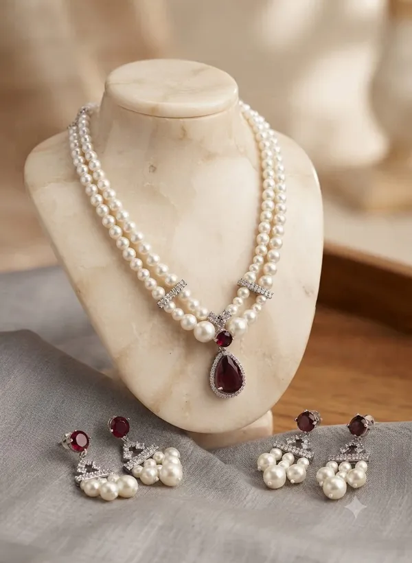 White_Pearl_Red_Stone_Necklace_And_Earrings_Set_For_Women