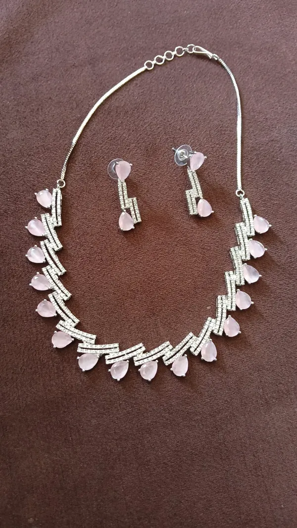 Silver_Tone_Pink_Stone_Necklace_And_Earrings_Set_for_Women