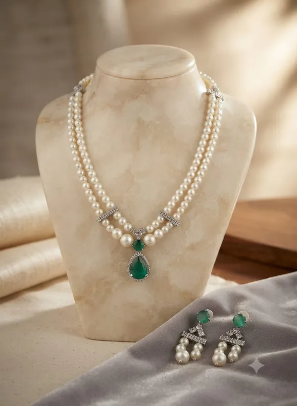 White_Pearl_Green_Stone_Necklace_And_Earring_Set_for_Women