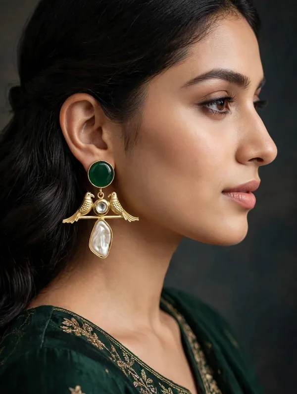 Green_Gold_Tone_Bird_Motif_Drop_Earrings_for_Women