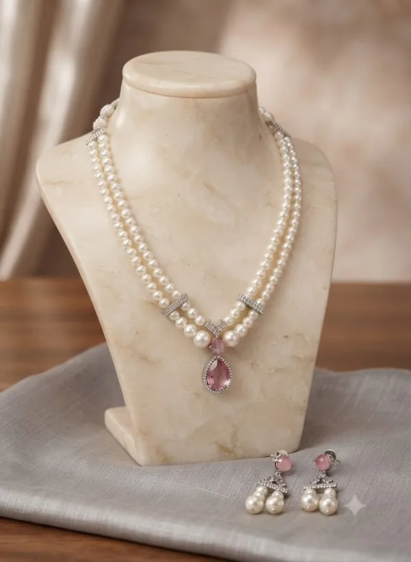 White_Pearl_Necklace_Set_With_Pink_Pendant_for_Women