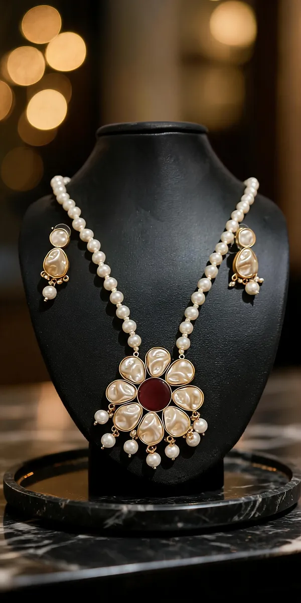 White_Brass_Pearl_Floral_Necklace_Set_For_Women