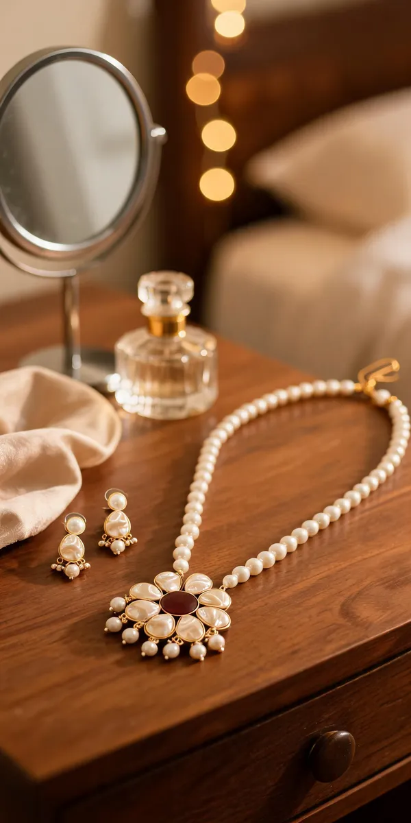 White_Brass_Pearl_Floral_Necklace_Set_For_Women