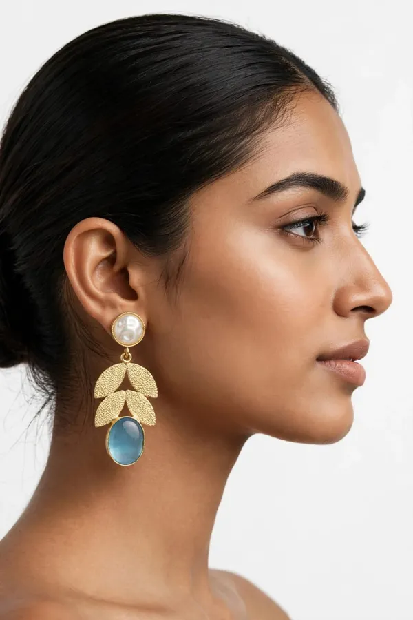 Gold_Tone_Pearl_And_Blue_Stone_Drop_Earrings_for_Women