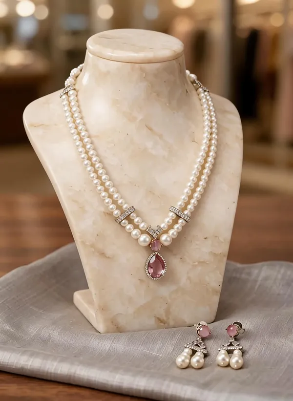 White_And_Pink_Brass_Pearl_Pendant_Necklace_Set_For_Women
