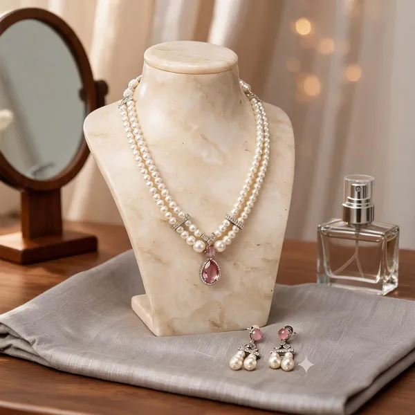 White_And_Pink_Brass_Pearl_Pendant_Necklace_Set_For_Women