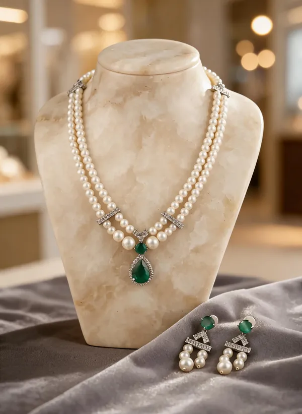 Green_And_White_Brass_Pearl_Stone_Necklace_And_Earrings_Set_For_Women