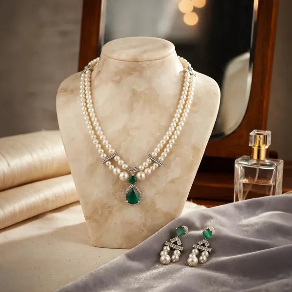 Green_And_White_Brass_Pearl_Stone_Necklace_And_Earrings_Set_For_Women