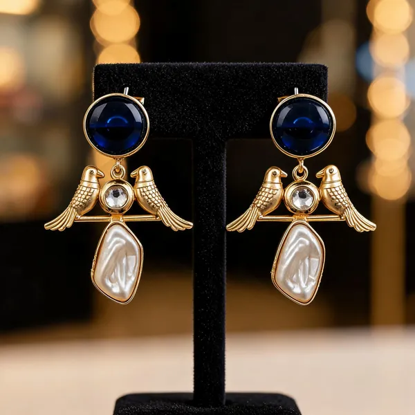 Gold_And_Blue_Tone_Brass_Bird_Drop_Earrings_For_Women