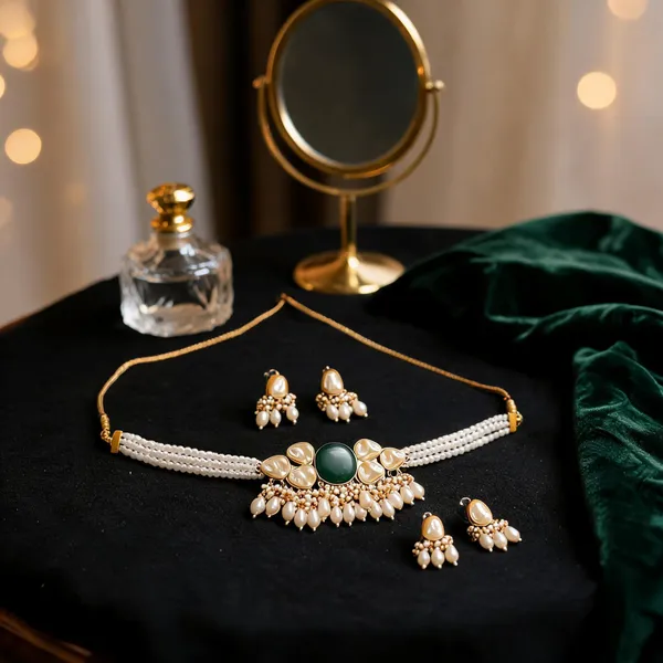 Gold_And_Green_Brass_Pearl_Green_Stone_Necklace_Set_For_Women