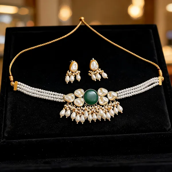 Gold_And_Green_Brass_Pearl_Green_Stone_Necklace_Set_For_Women