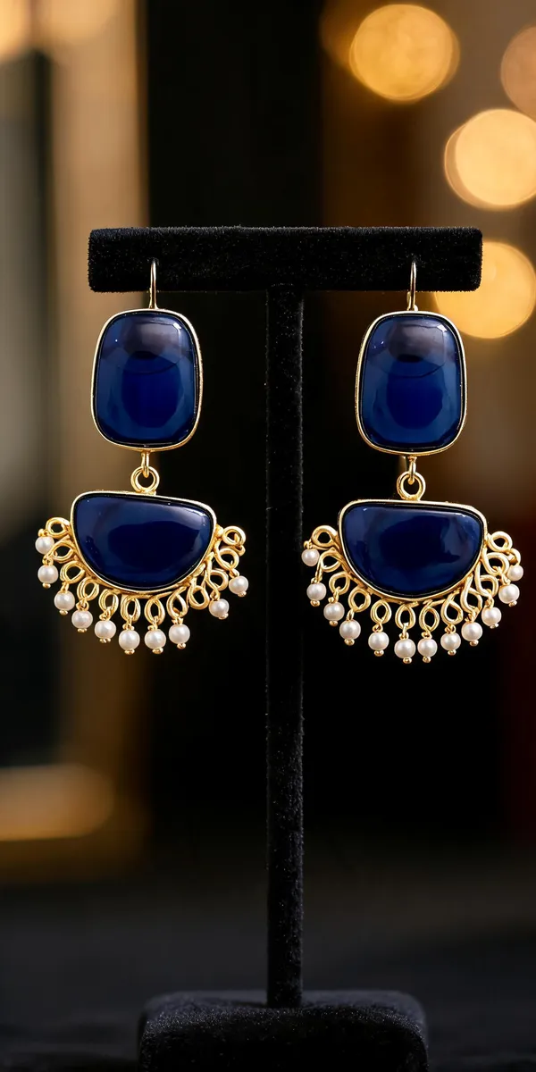 Gold_And_Blue_Brass_Pearl_Drop_Statement_Earrings_For_Women