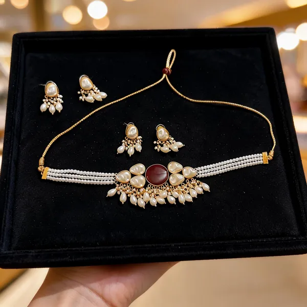 Gold_Brass_Pearl_Choker_Necklace_Set_For_Women