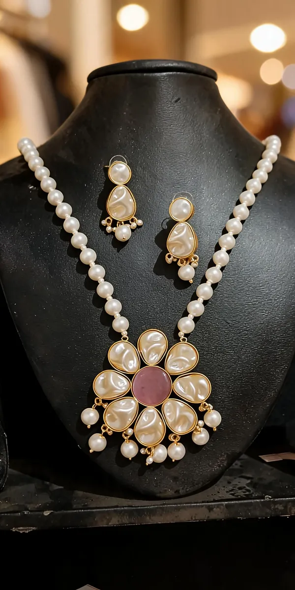 White_Brass_Floral_Pearl_Necklace_Set_For_Women