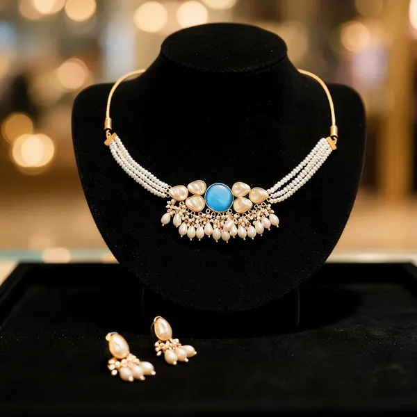 Gold_Brass_Pearl_Choker_Necklace_And_Earrings_Set_For_Women