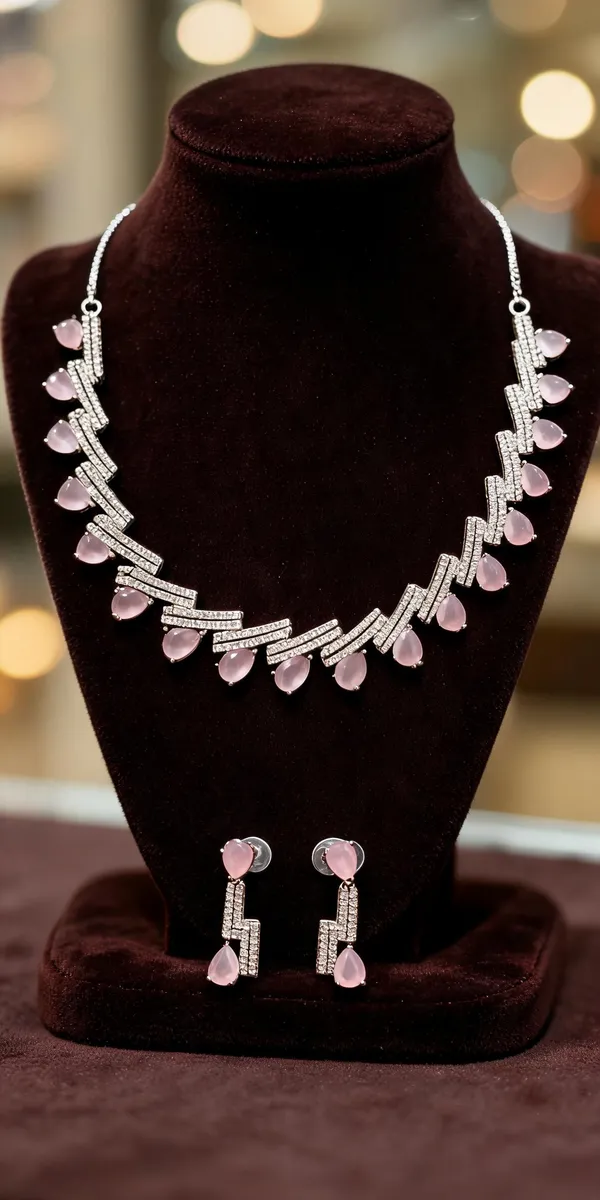 Silver_And_Pink_Stone_Brass_Necklace_And_Earrings_Set_For_Women