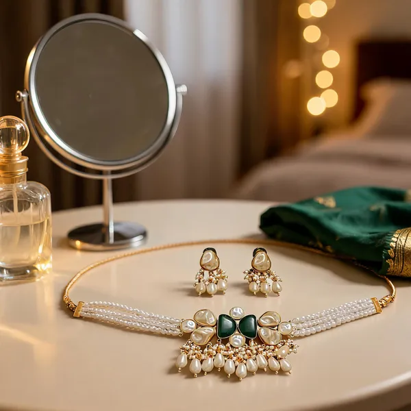 Green_Brass_Pearl_Necklace_And_Earrings_Set_For_Women
