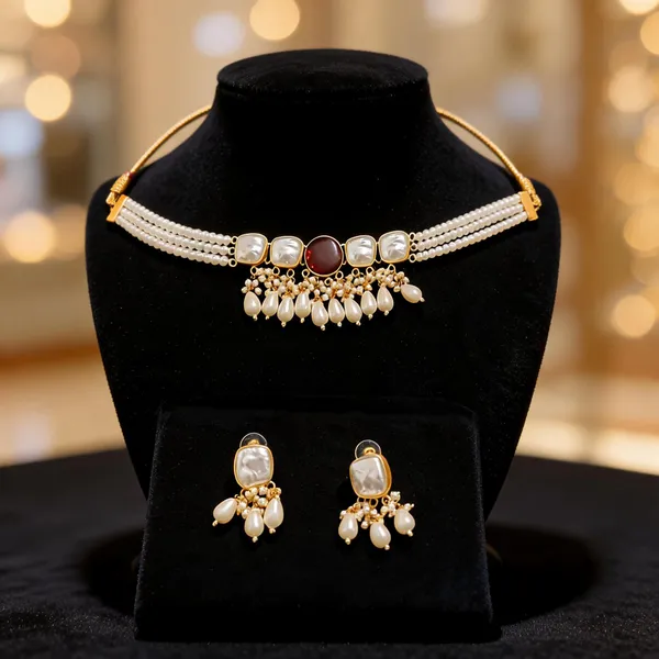 Gold_Brass_Pearl_Stone_Choker_Necklace_Set_For_Women
