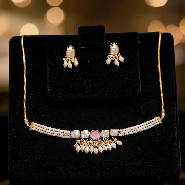 Gold_Brass_Kundan_Pearl_Choker_Necklace_Set_For_Women