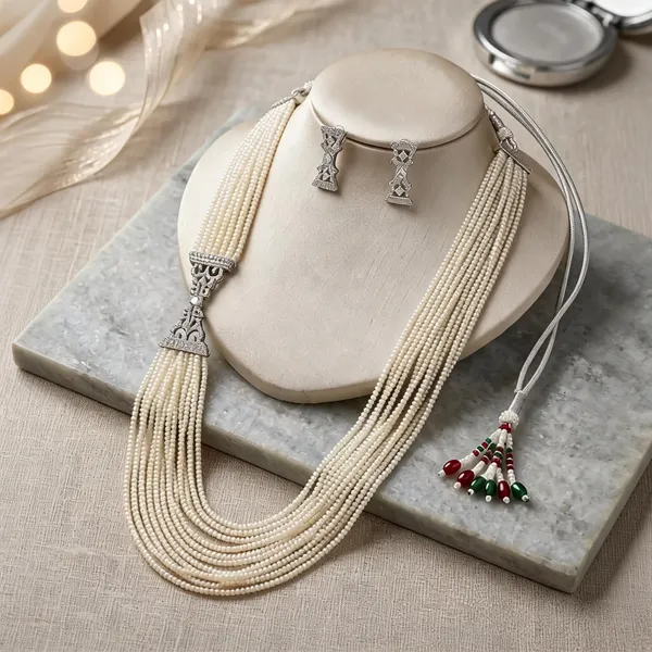 Cream_Brass_Beaded_Layered_Necklace_Set_For_Women