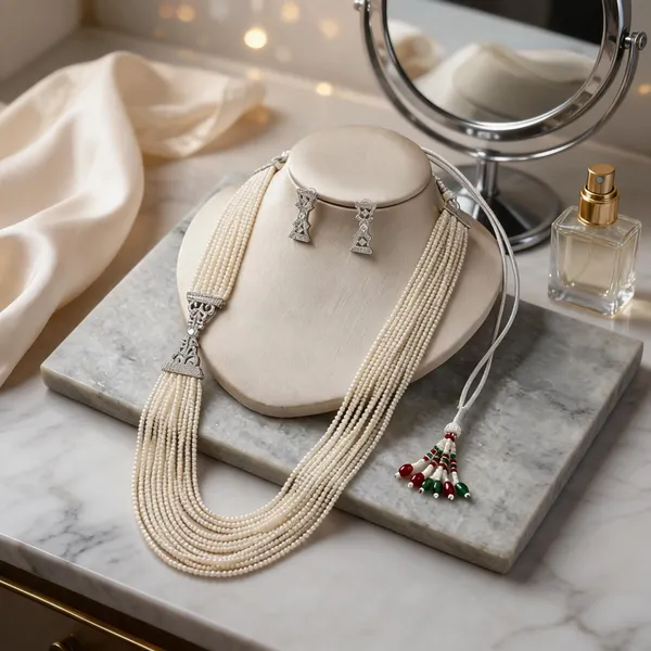 Cream_Brass_Beaded_Layered_Necklace_Set_For_Women