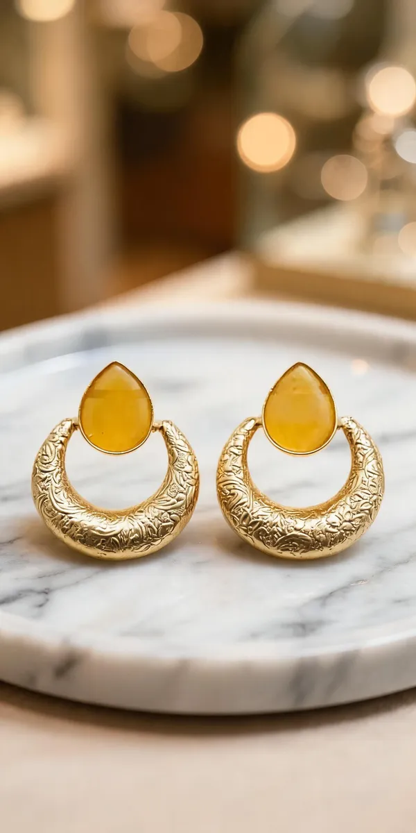 Gold_Brass_Textured_Drop_Hoop_Earrings_For_Women