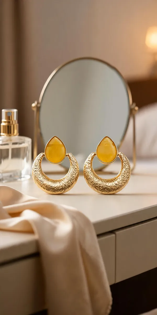 Gold_Brass_Textured_Drop_Hoop_Earrings_For_Women