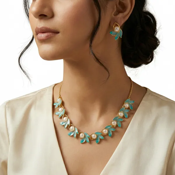 Gold_Turquoise_Alloy_Leaf_Pearl_Necklace_And_Earrings_Set_For_Women