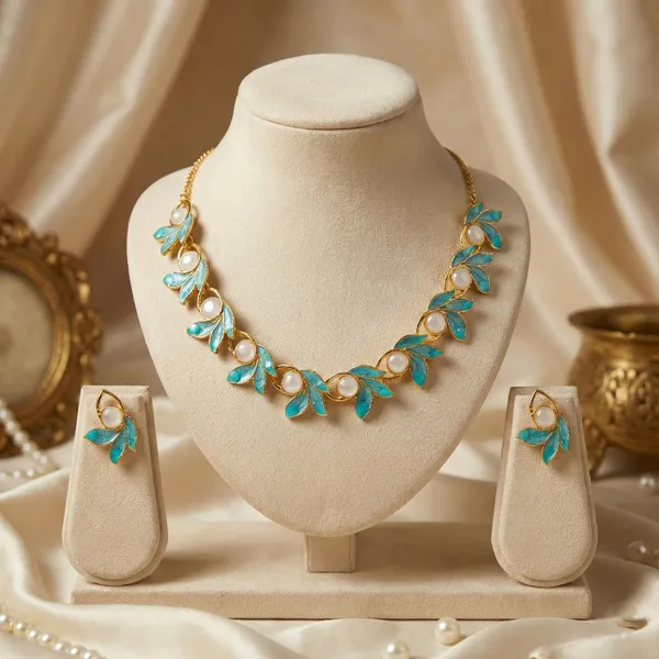 Gold_Turquoise_Alloy_Leaf_Pearl_Necklace_And_Earrings_Set_For_Women