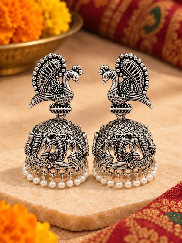Silver_Oxidized_Alloy_Peacock_Jhumka_Earrings_For_Women