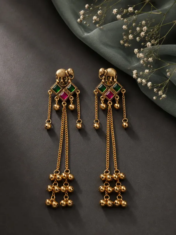 Green_Pink_Alloy_Kashmiri_Stone_Long_Drop_Earrings_For_Women