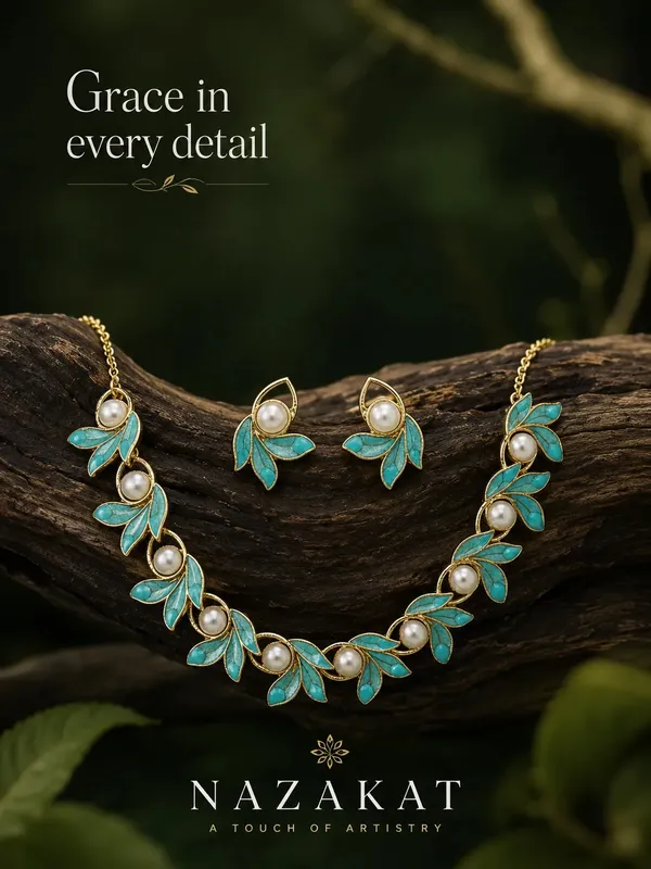 Gold_Turquoise_Alloy_Leaf_Pearl_Necklace_And_Earrings_Set_For_Women