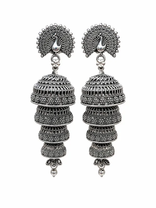 Silver_Oxidized_Alloy_Peacock_Motif_Jhumka_Earrings_For_Women