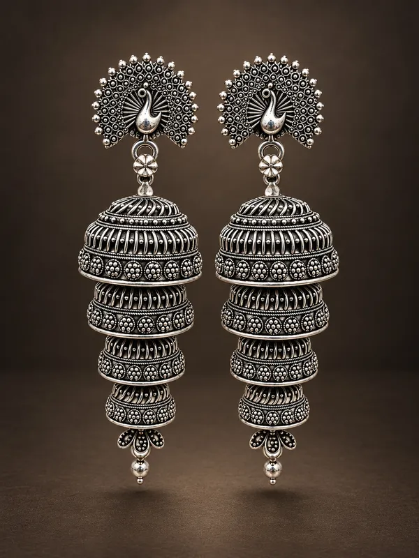 Silver_Oxidized_Alloy_Peacock_Motif_Jhumka_Earrings_For_Women