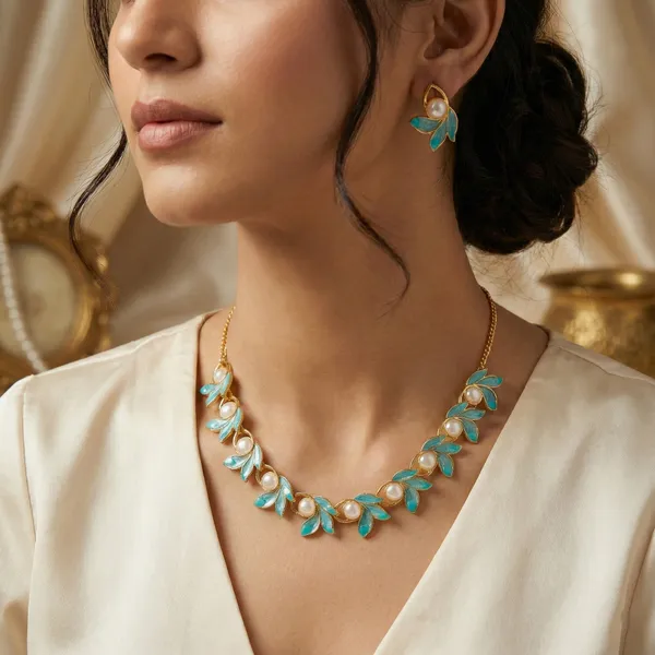 Gold_Turquoise_Alloy_Leaf_Pearl_Necklace_And_Earrings_Set_For_Women