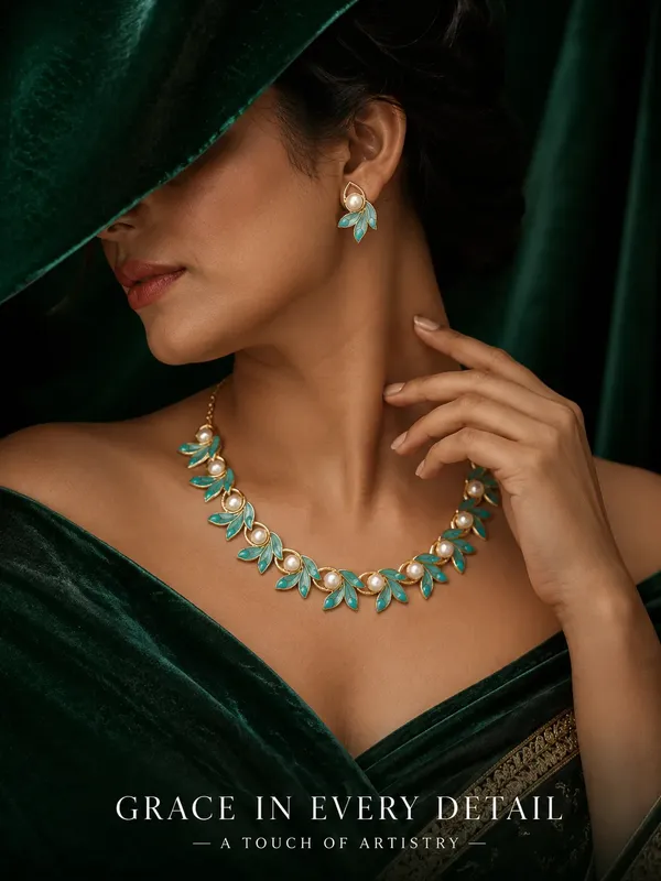 Gold_Turquoise_Alloy_Leaf_Pearl_Necklace_And_Earrings_Set_For_Women