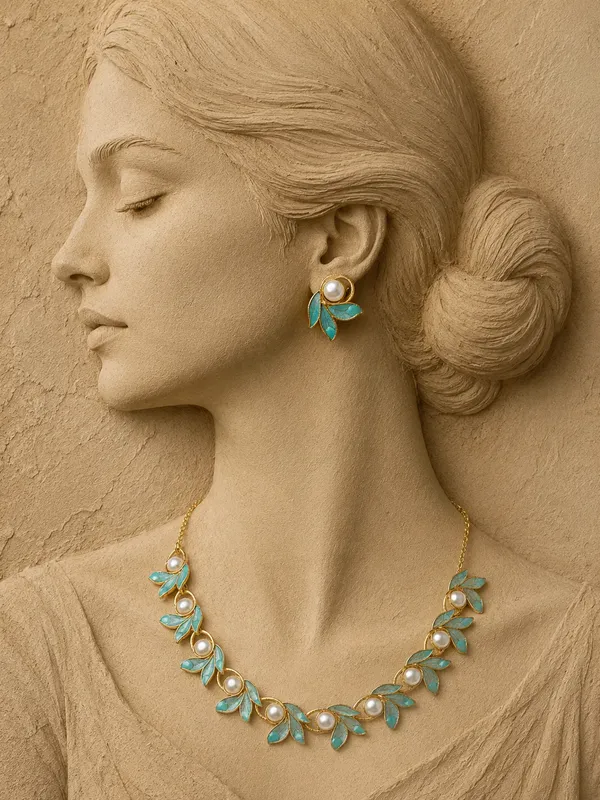 Gold_Turquoise_Alloy_Leaf_Pearl_Necklace_And_Earrings_Set_For_Women