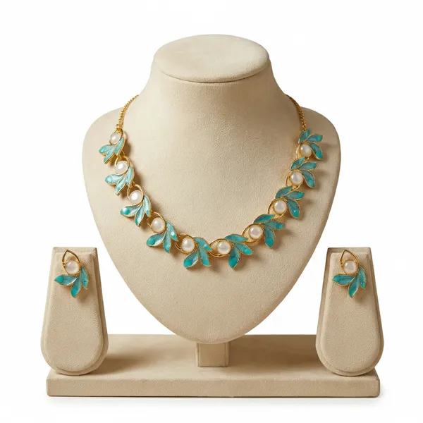 Gold_Turquoise_Alloy_Leaf_Pearl_Necklace_And_Earrings_Set_For_Women